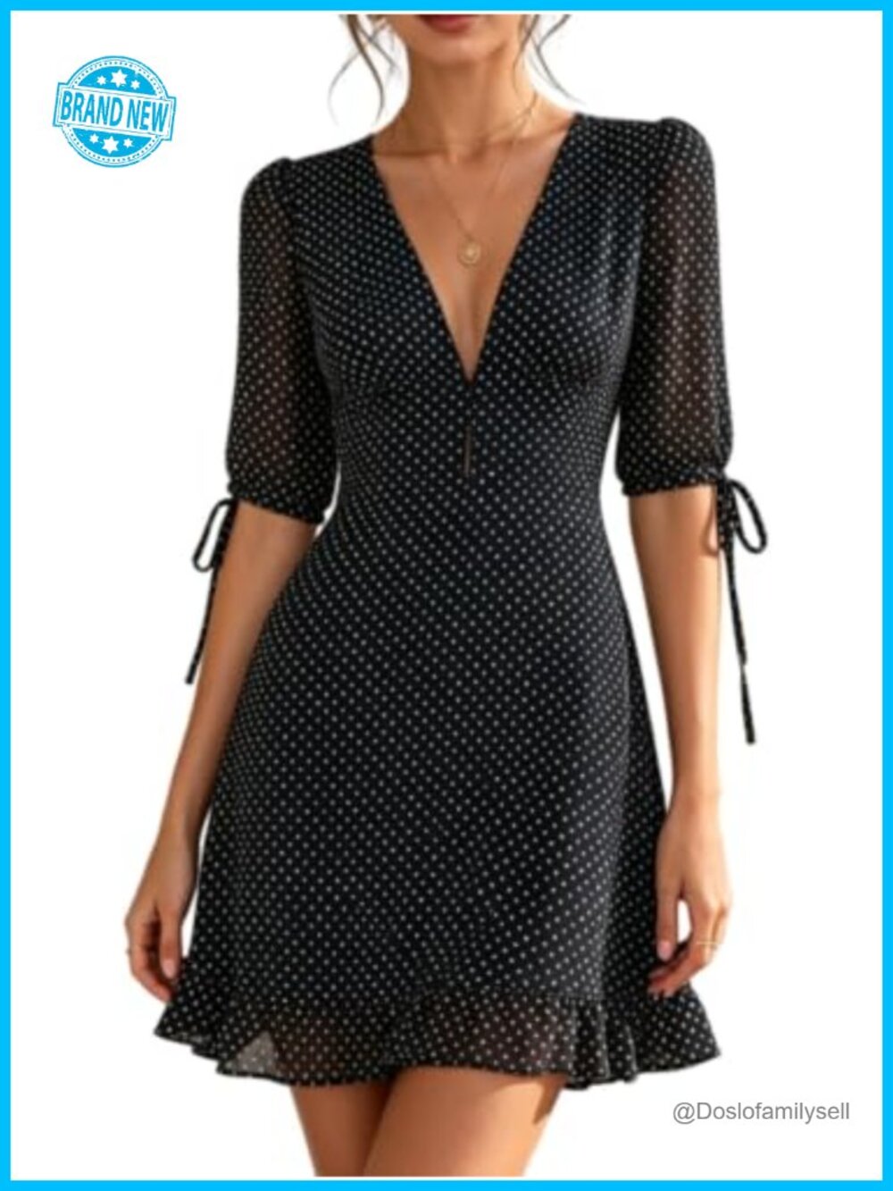 Polka Dot Mini Dress Deep V Neck High Waisted A-Line Ruched Flounce